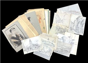 A scattered pile of sketchbooks and drawings featuring portraits and city scenes.