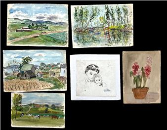 A collection of six small watercolor paintings depicting rural landscapes, a portrait, and flowers.