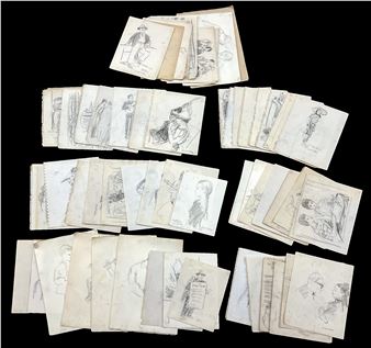 A collection of scattered sketchbooks featuring various charcoal drawings of figures and scenes.