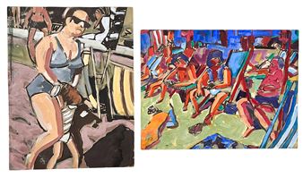 A diptych of two expressive paintings featuring figures in swimwear against abstract, colorful backgrounds.