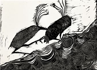 A black-and-white linocut print featuring two stylized birds perched on a jagged rock above swirling ocean waves.