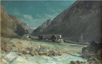 A rugged mountain valley scene with a rushing river and small buildings nestled between steep slopes.