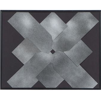 A minimalist abstract composition featuring intersecting metallic rectangles against a dark background.