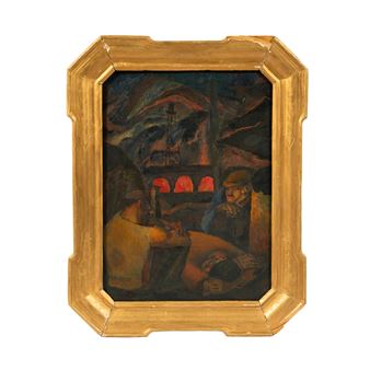 A framed painting of two figures in a dimly lit, surreal landscape with glowing red arches.