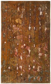 A vertical tapestry featuring a rusted metal texture with scattered floral motifs and vertical lines.