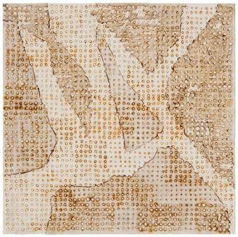 An abstract composition of fragmented, dotted surfaces in earthy tones.