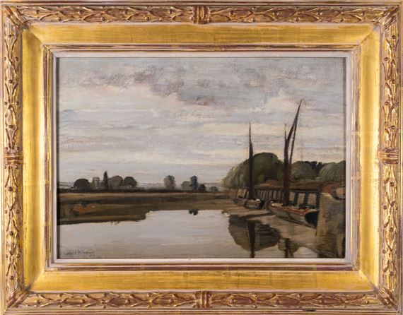 A serene river landscape featuring a still waterway, distant trees, and a moored boat under an overcast sky.