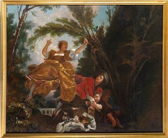 A dramatic Baroque-style painting depicting a woman in flight over a forest scene with figures below.