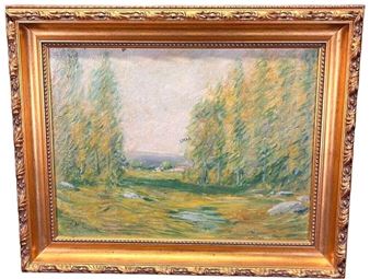 A landscape painting in an ornate frame depicting a sunlit grove of trees.