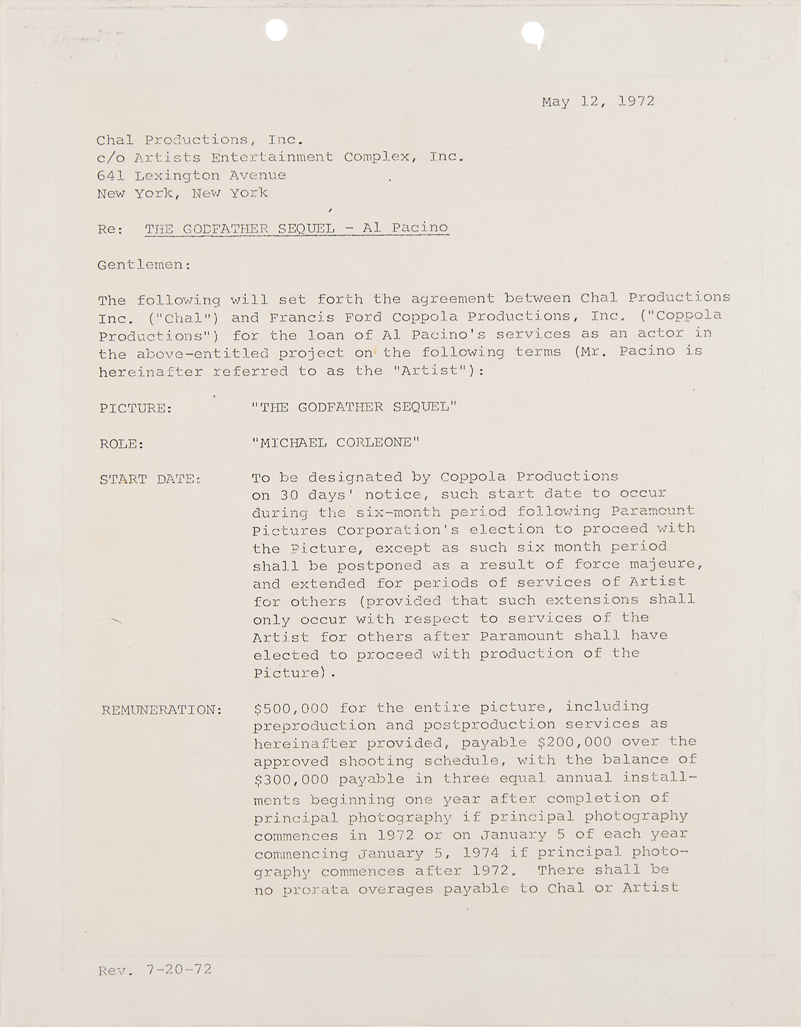 Al Pacino | The Godfather Part II - Contract for the Role of Michael ...