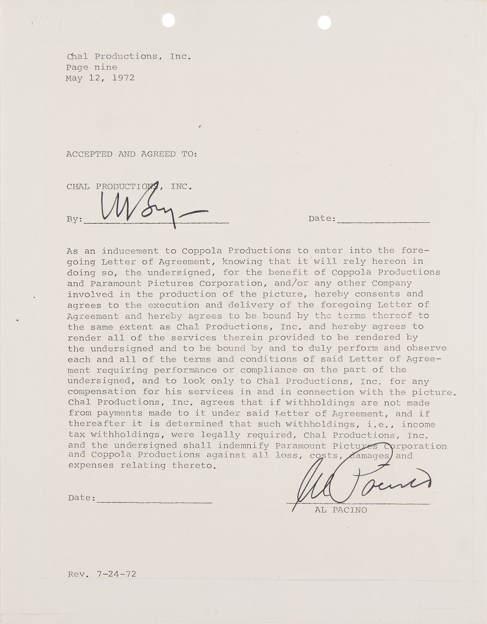 Al Pacino | The Godfather Part II - Contract for the Role of Michael ...