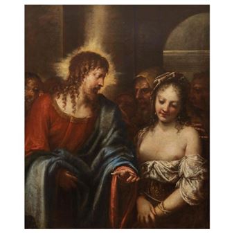 A classical painting depicting a bearded figure in red and blue robes conversing with a woman in an off-the-shoulder dress, surrounded by shadowy onlookers.