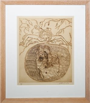 A framed etching featuring a central circular figure with wavy lines, surrounded by a reclining figure and abstract branches.