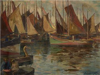 A harbor scene filled with numerous boats and figures on the water.