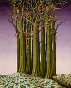 A surreal forest where nude figures cling to tree trunks against a gradient sky.