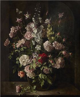 A classical still life painting of a lush floral arrangement in a dark vase.