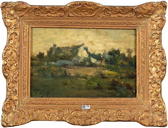 A landscape painting in an ornate gold frame depicting a rural scene with a white house and green fields.