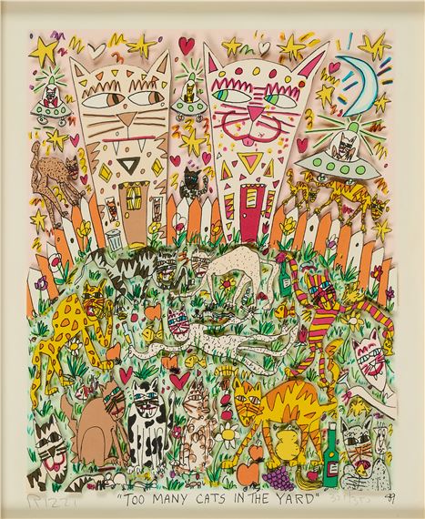 A chaotic, colorful collage of stylized cats in a whimsical yard.