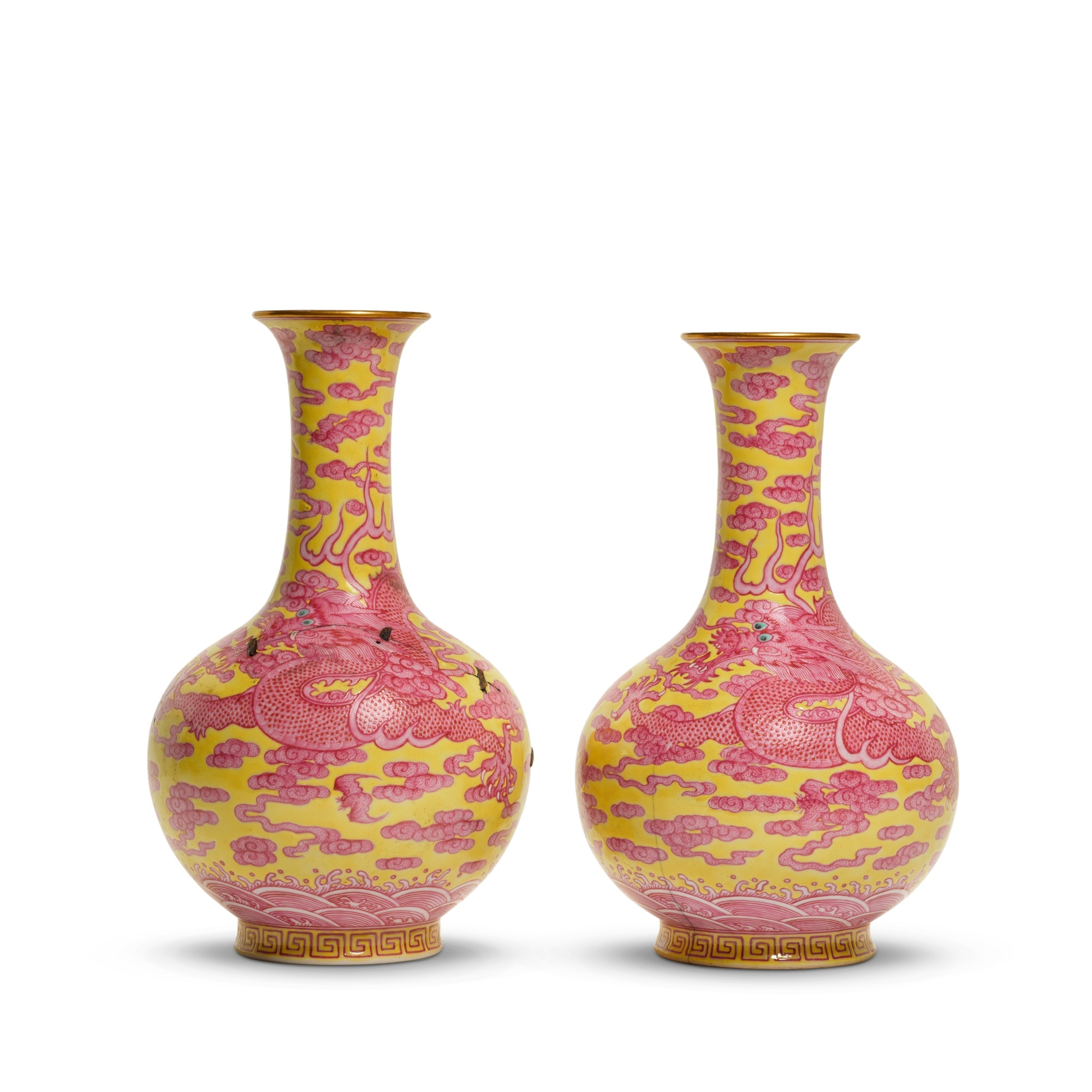 Chinese School | A pair of yellow-ground puce-enamelled vases | MutualArt