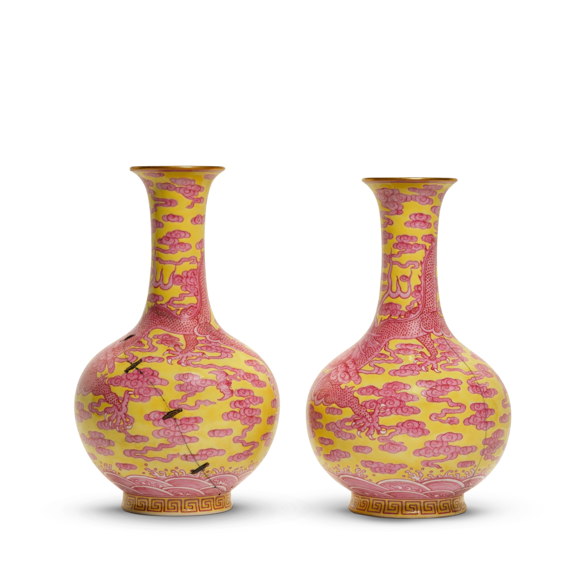 Chinese School | A pair of yellow-ground puce-enamelled vases | MutualArt