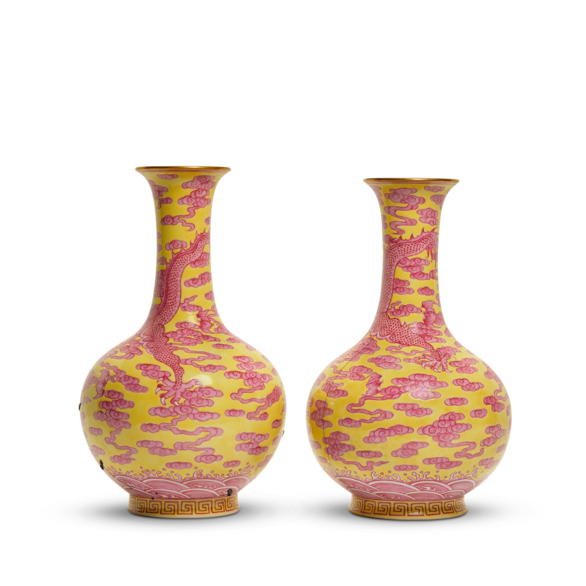 Chinese School | A pair of yellow-ground puce-enamelled vases | MutualArt