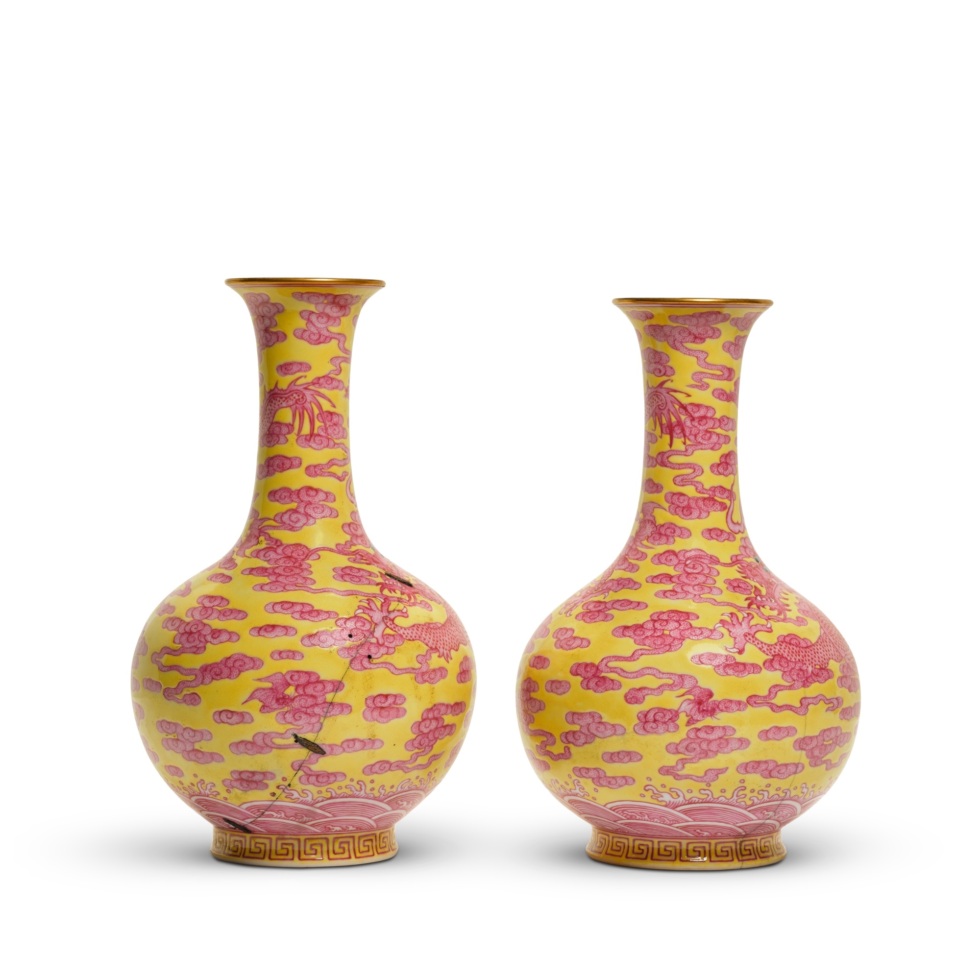 Chinese School | A pair of yellow-ground puce-enamelled vases | MutualArt