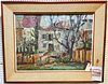 A framed painting of a quiet street scene with bare trees and a house in the background.