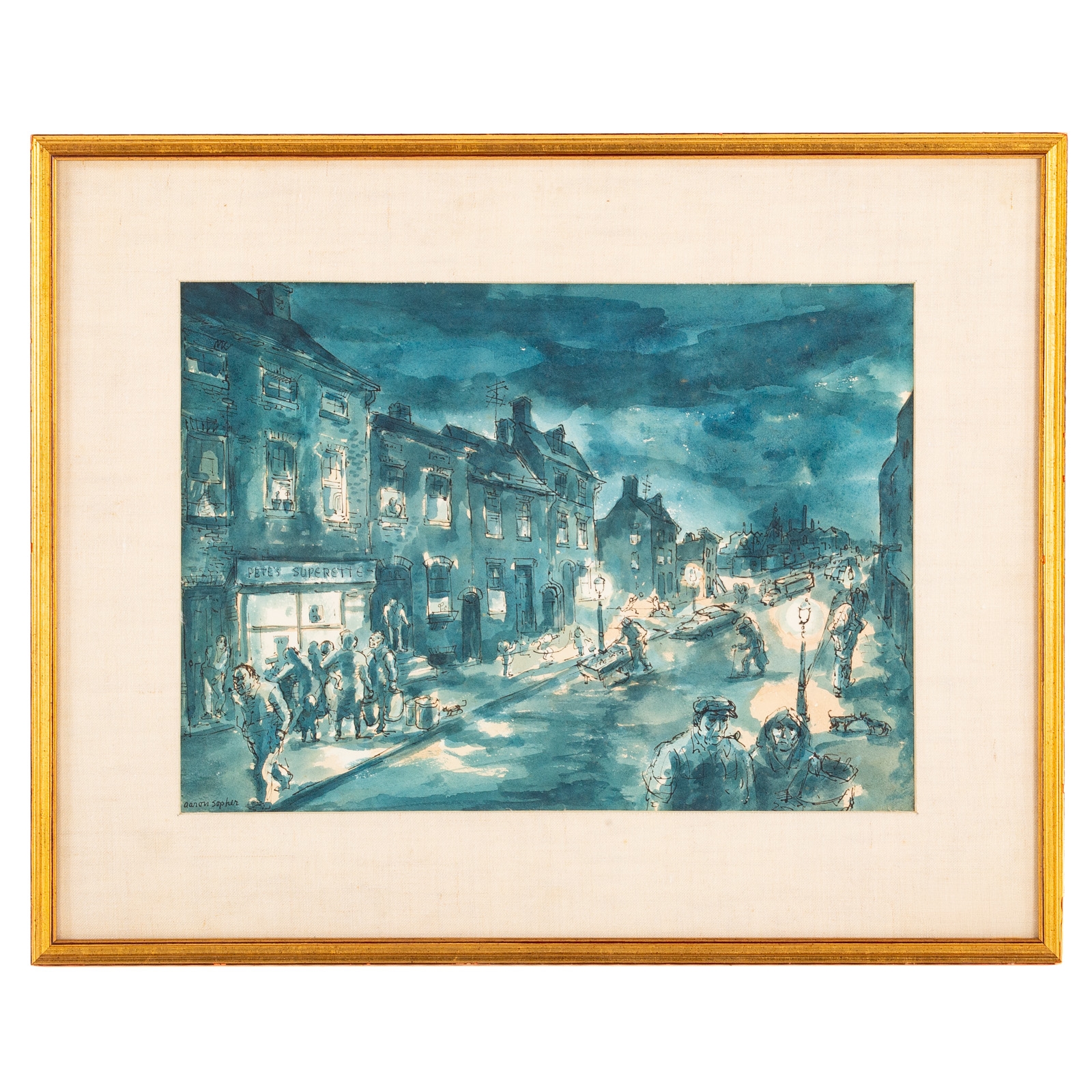Aaron Sopher | Baltimore Street at Night, ink | MutualArt