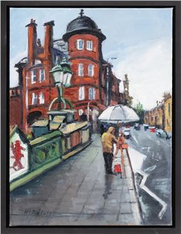 A street scene painting featuring a figure with an umbrella on a wet sidewalk in front of a red brick building.