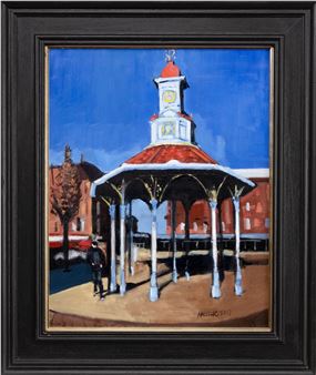 A framed painting of a gazebo with a clock tower against a blue sky.