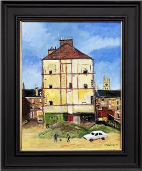 A vibrant street scene featuring a large yellow building and a white car in an urban setting.