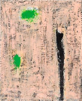 An abstract composition featuring a textured pink background with bold green splotches and a dark vertical mark.
