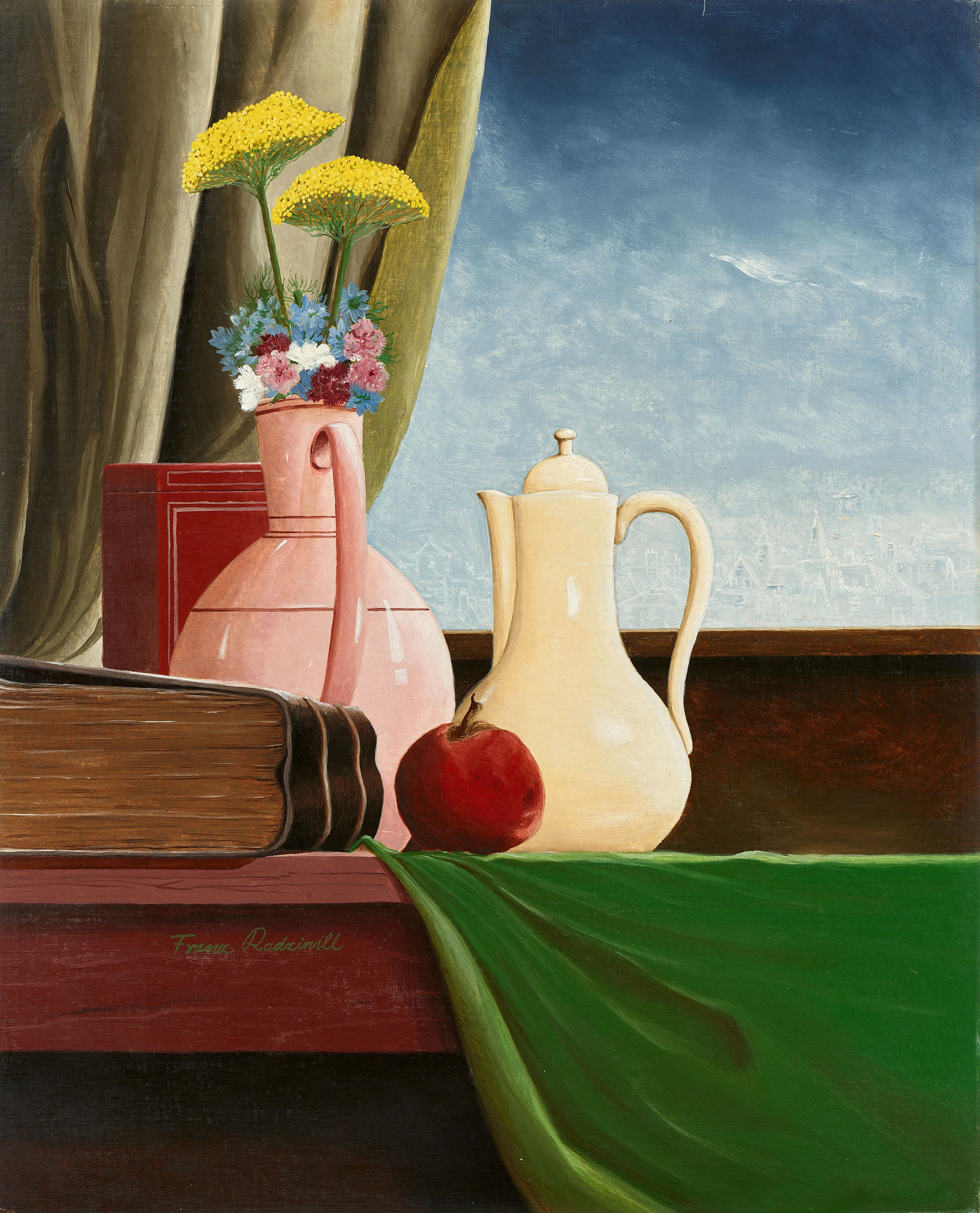 A still life painting featuring a pink vase with flowers, a cream pitcher, and an apple on a wooden surface.