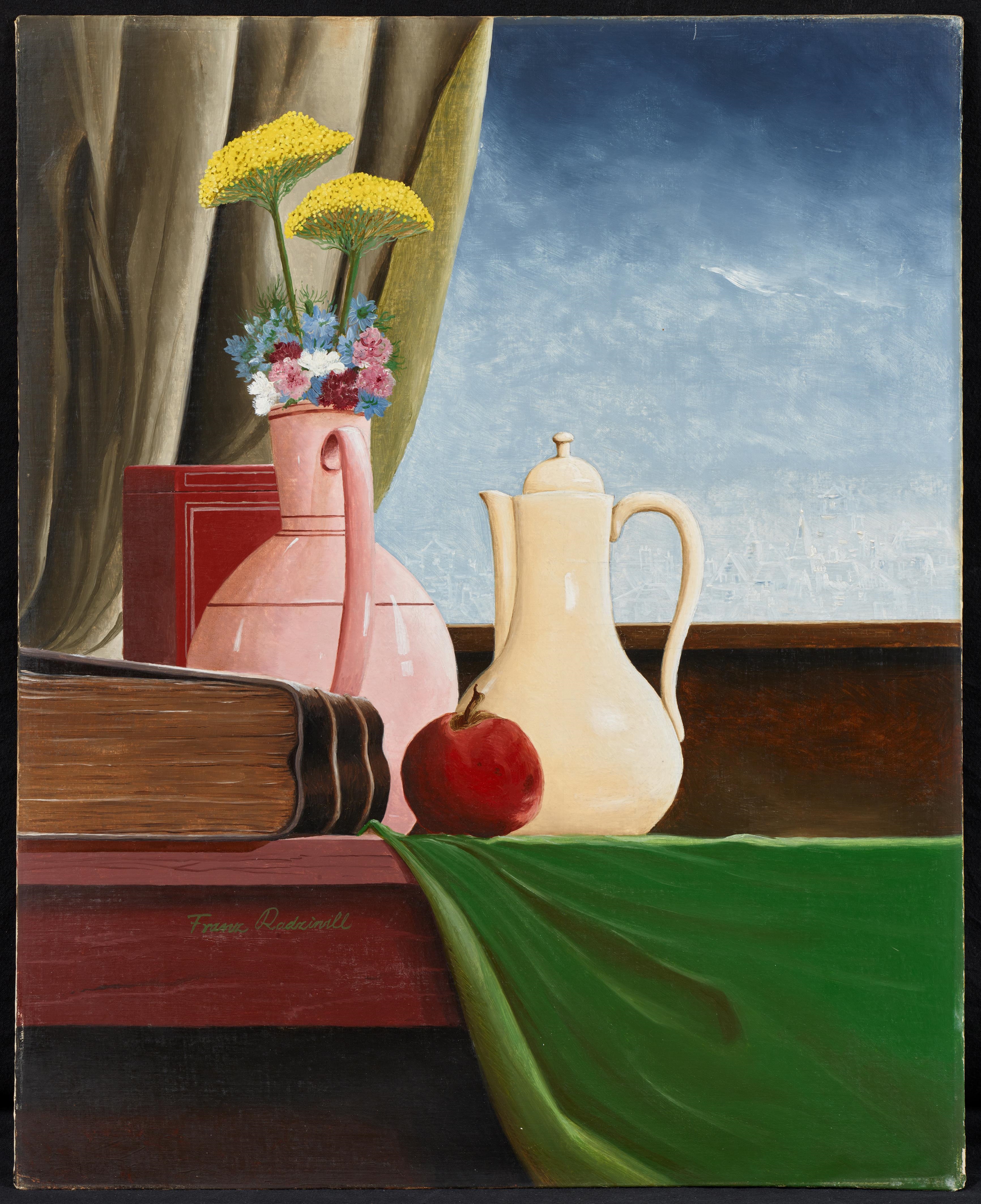 A still life painting featuring a pink vase with flowers, a cream pitcher, and an apple on a wooden surface.