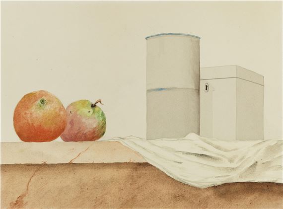 A still life watercolor featuring two round fruits, a tall cylinder, and a box on a draped cloth.