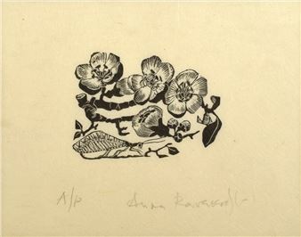 A black ink etching of three stylized flowers and a leaf on textured paper.