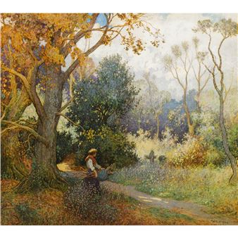 A pastoral scene captures a figure gathering flowers under the shade of a large tree.