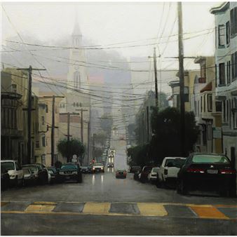 A misty urban street scene with a church spire in the distance.