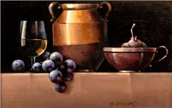 A classical still life featuring a copper jug, wine glass, and grapes on a wooden surface.