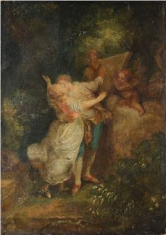 A classical painting of a dramatic embrace in a dark forest setting.