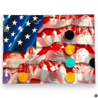 A pop-art collage featuring a stylized American flag and multiple portraits of a woman in red tones.