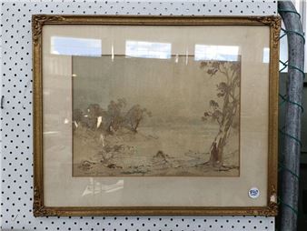 "A framed landscape sketch depicting a tranquil river scene with trees and distant hills."