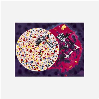 A dynamic pop-art composition featuring a colorful polka-dotted circle and a jagged red shape with black figures.