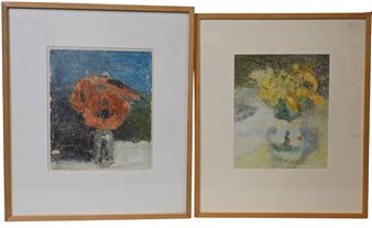 Two framed pastel paintings of flowers with a loose, textured style.