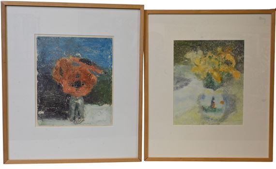 Two framed pastel paintings of flowers with a loose, textured style.