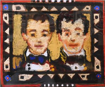 A textured portrait of two figures in formal attire framed by a geometric border.