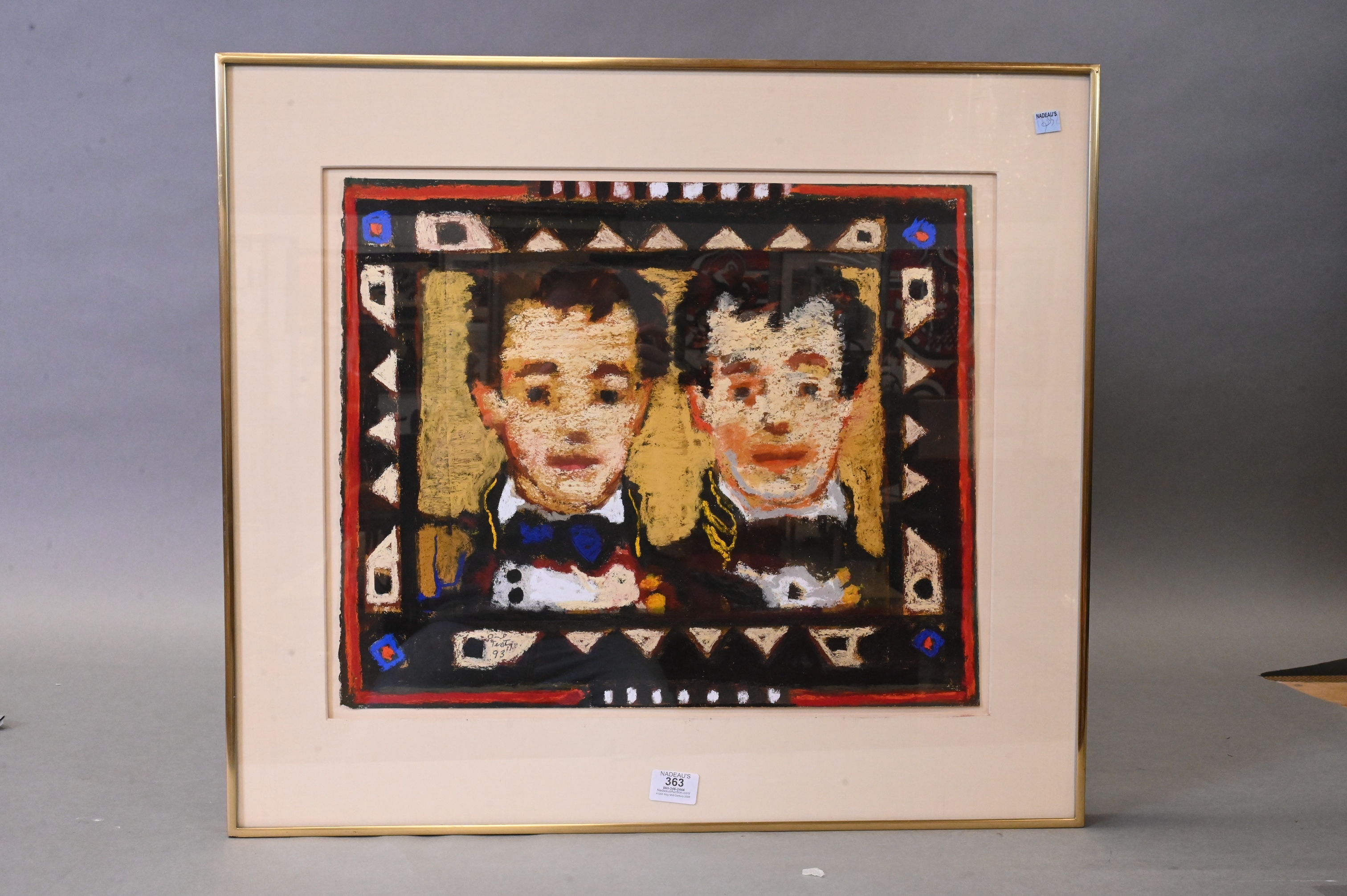 A textured portrait of two figures in formal attire framed by a geometric border.