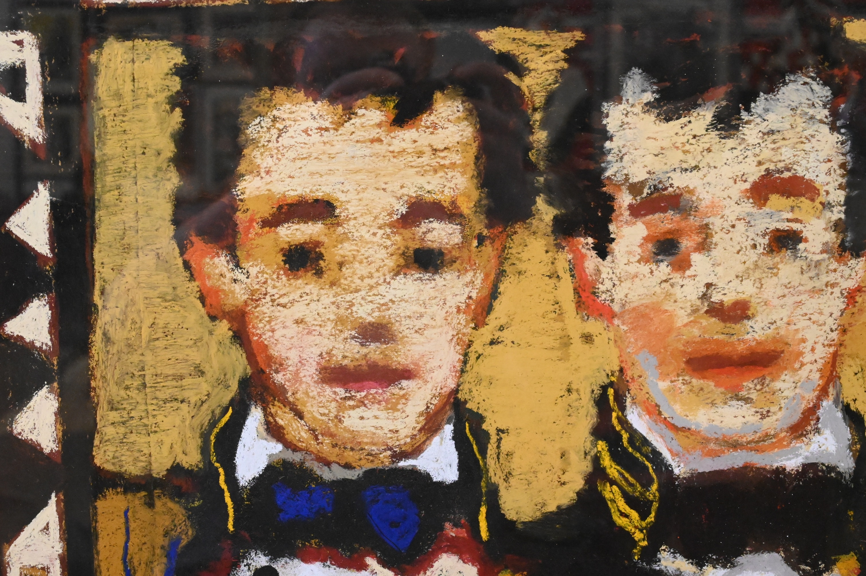 A textured portrait of two figures in formal attire framed by a geometric border.