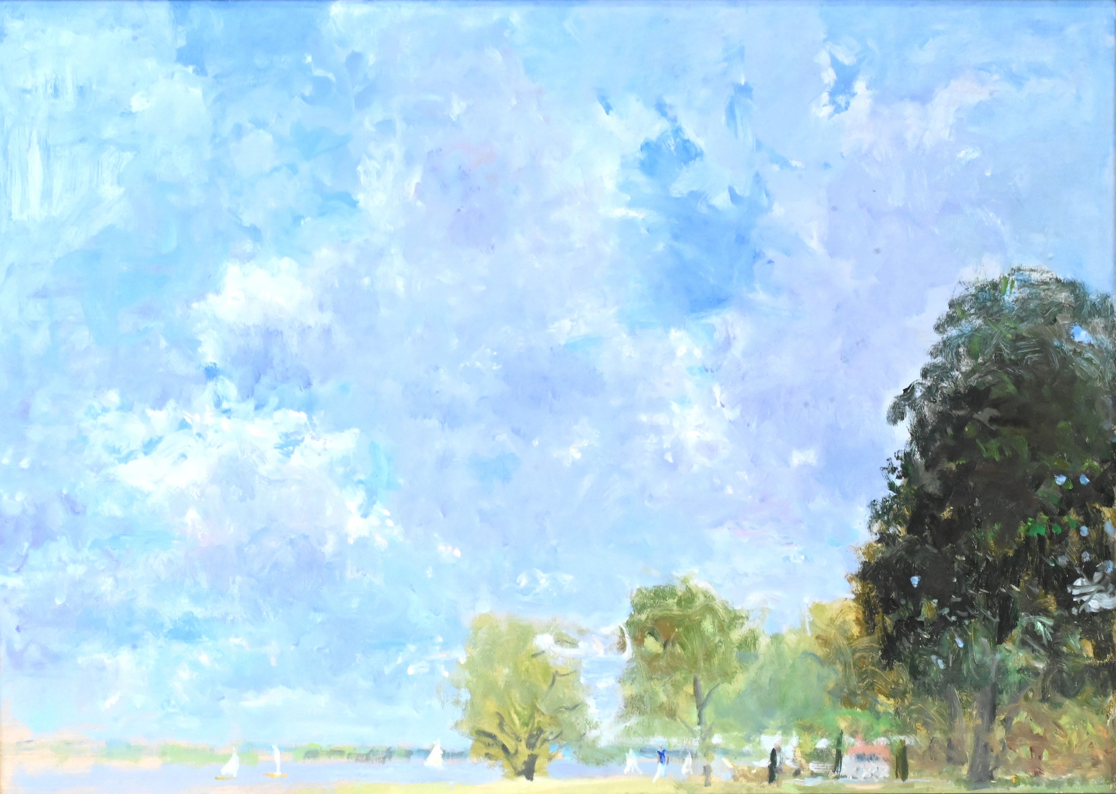 A serene landscape painting featuring a vast blue sky, distant trees, and tiny figures on a grassy shore.