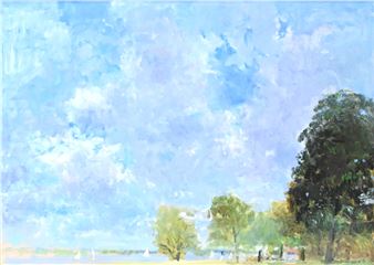 A serene landscape painting featuring a vast blue sky, distant trees, and tiny figures on a grassy shore.